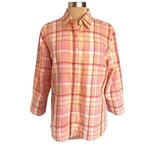 Talbots Irish Linen Blend Orange Plaid Button Down Shirt Sz Large Casual Spring
